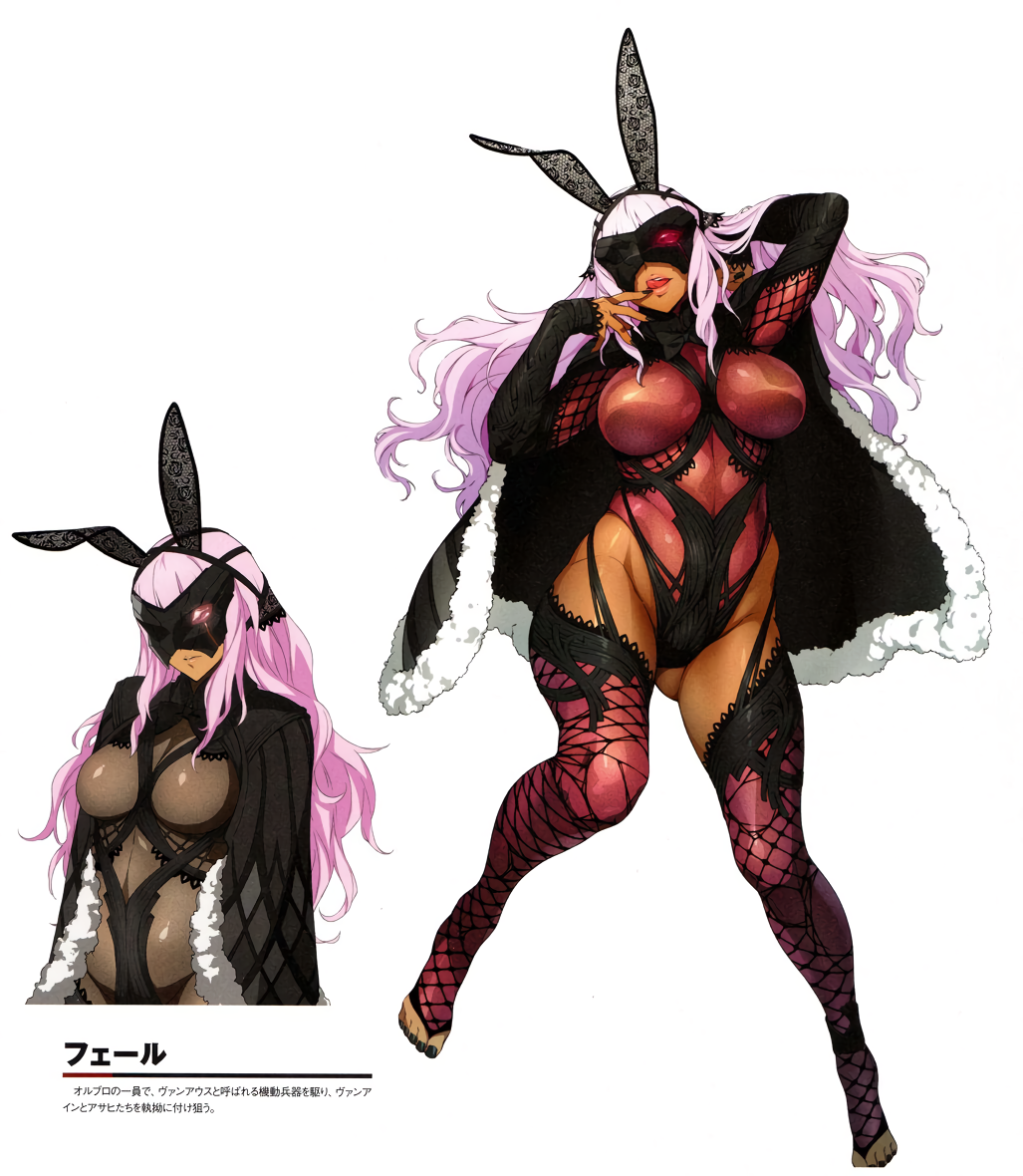1girl animal_ears arm_behind_head ass_visible_through_thighs black_nails breasts bunny_ears capelet curvy dark_skin dark_skinned_female fake_animal_ears large_breasts long_hair mask multiple_views non-web_source official_art pink_hair simple_background solo super_robot_wars_x-omega thighhighs toeless_legwear toenail_polish tongue tongue_out translation_request watanabe_wataru_(character_designer) white_background