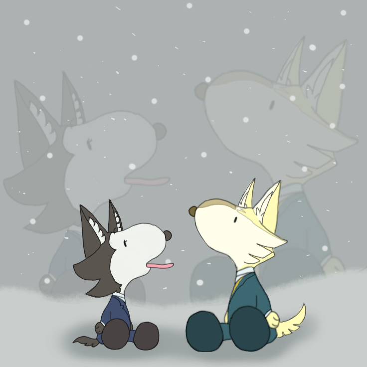 1:1 alan_sylvasta alan_sylvasta_(bna) alansylvasta anthro brand_new_animal canid canine canis clothing duo female fluffy fur london_sylvasta male male/female mammal peanuts_(comic) snow snowing studio_trigger suit wolf