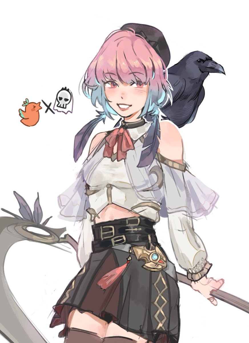1girl animal_on_shoulder bangs belt bird bird_on_shoulder black_belt black_headwear black_skirt blush breasts earrings english_commentary eyebrows_visible_through_hair feather_earrings feathers hat highres holding holding_scythe hololive hololive_english if_they_mated jawli jewelry looking_to_the_side medium_breasts mori_calliope multiple_belts pink_eyes raven_(animal) scythe short_hair shoulders skirt skull smile solo takanashi_kiara tiara veil