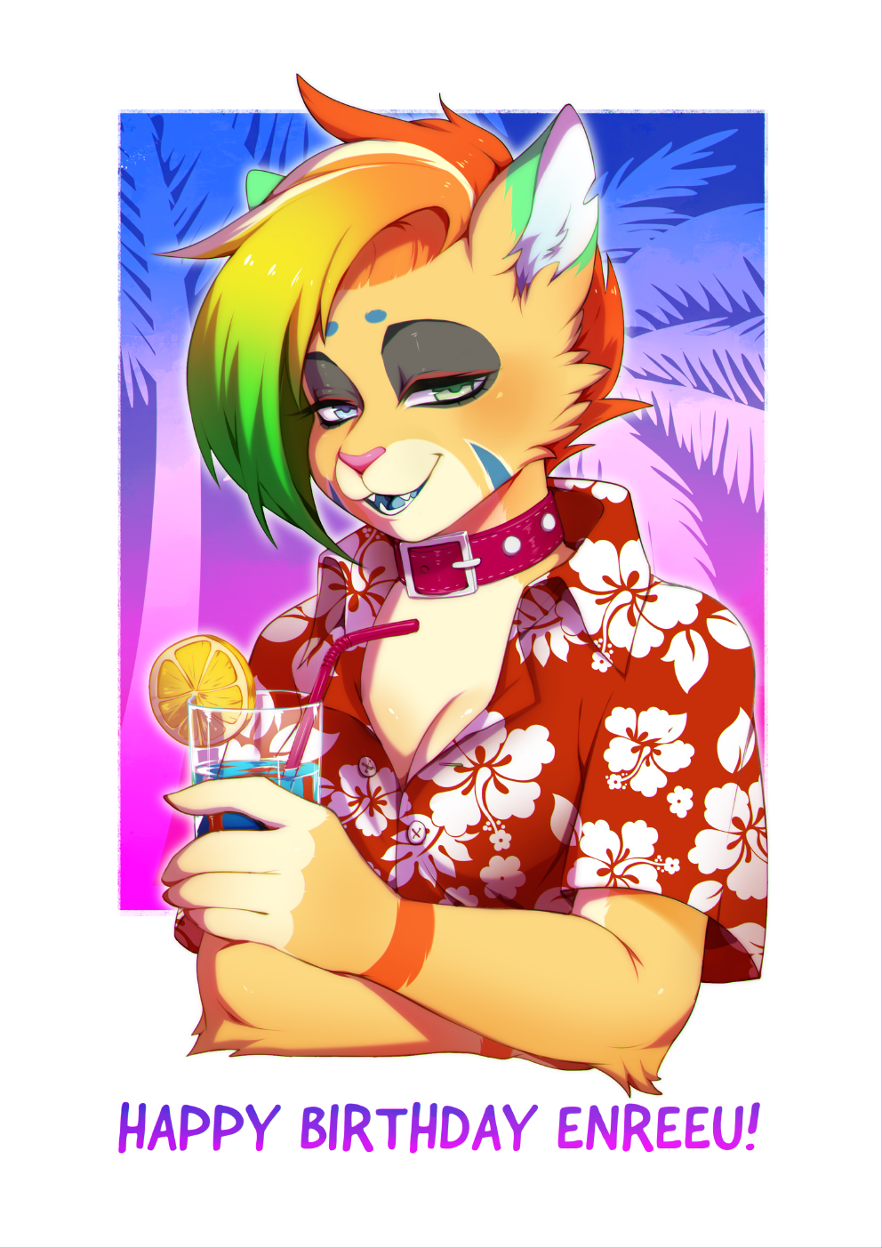 alcohol anthro beverage clothed clothing cocktail english_text female fur hair happy_birthday hawaiian hi_res looking_at_viewer michikochan multicolored_hair portrait rainbow_hair shirt simple_background smile solo text topwear