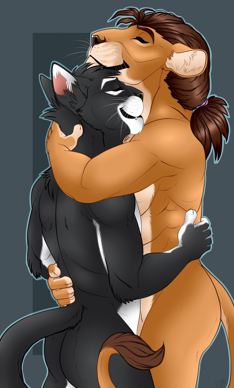 anthro black_body black_fur brown_hair cute_fangs dante_(elcondedeleon) domestic_cat duo eues_closed felid feline felis fur hair hi_res hug lion male male/male mammal muscular muscular_male nude pantherine patrikthedog ponytail ragark_heller romantic_couple smile tail_tuft tan_body tan_fur tuft whiskers