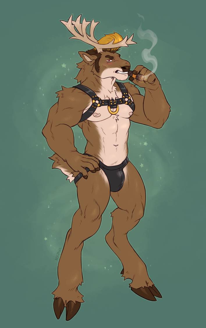 anthro antlers blonde_hair blush brown_body brown_fur bulge capreoline cervid cigar clothed clothing cloven_hooves fur greaser hair hand_on_hip harness hooves horn jockstrap looking_at_viewer male mammal muscular muscular_anthro muscular_male pompadour reindeer rexjaws short_tail skimpy smoking solo underwear