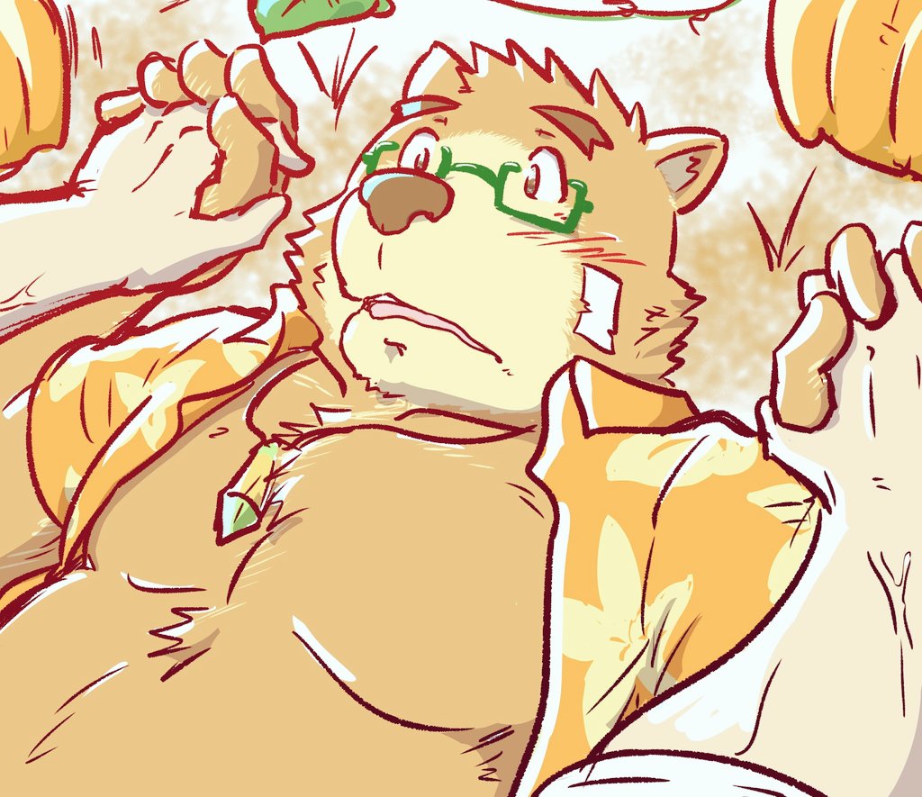 2021 anthro belly blush brown_body brown_fur clothed clothing duo eyewear food fruit fur glasses hand_holding humanoid_hands kemono knn8150_ysd lying male mammal moobs open_clothing open_shirt open_topwear overweight overweight_male plant pumpkin shirt solo_focus tokyo_afterschool_summoners topwear ursid video_games volos