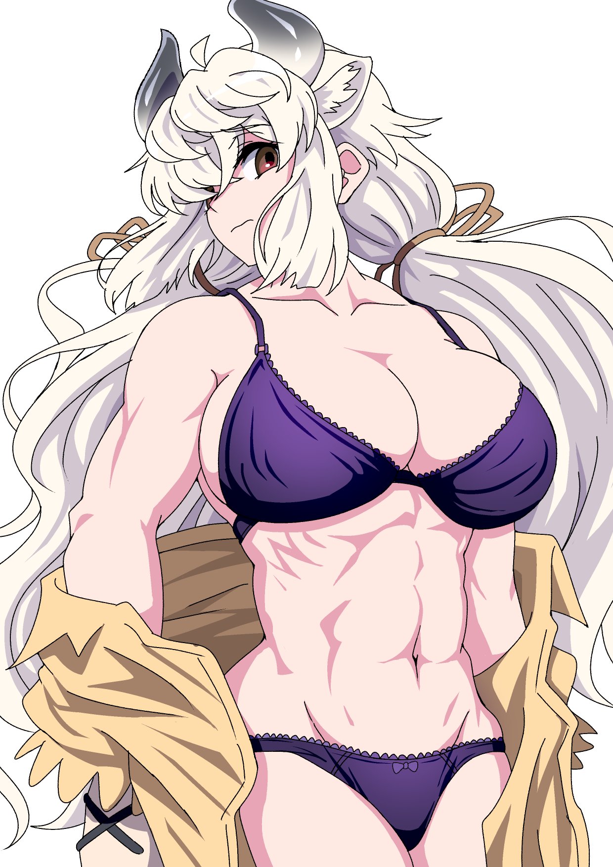 abs animal_humanoid bow_panties bra breasts brown_eyes clothing female hair hair_over_eye hi_res horn humanoid lingerie long_hair looking_at_viewer mammal muscular muscular_female navel one_eye_obstructed panties purple_bra purple_clothing purple_panties purple_underwear quatre_aaaa shirt simple_background solo topwear underwear white_hair yak_(kemono_friends) yak_humanoid