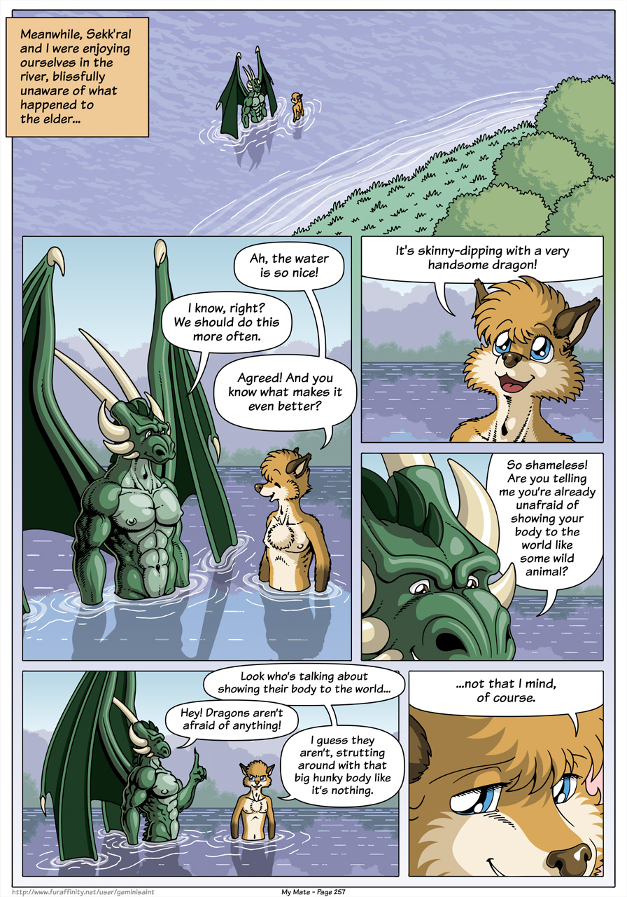 7:10 abs anthro biceps biped blue_eyes brown_body brown_eyes brown_fur brown_nose canid canine cheek_tuft chest_tuft claws close-up clothed clothing comic dialogue digital_media_(artwork) dragon duo english_text facial_tuft farin fox fur geminisaint green_body head_tuft hi_res horn male male/male mammal membrane_(anatomy) membranous_wings multicolored_body muscular muscular_anthro muscular_male navel nipples open_mouth partially_submerged pecs scalie sekk'ral speech_bubble spines standing tan_body tan_fur text tongie topless tuft water wing_claws wings