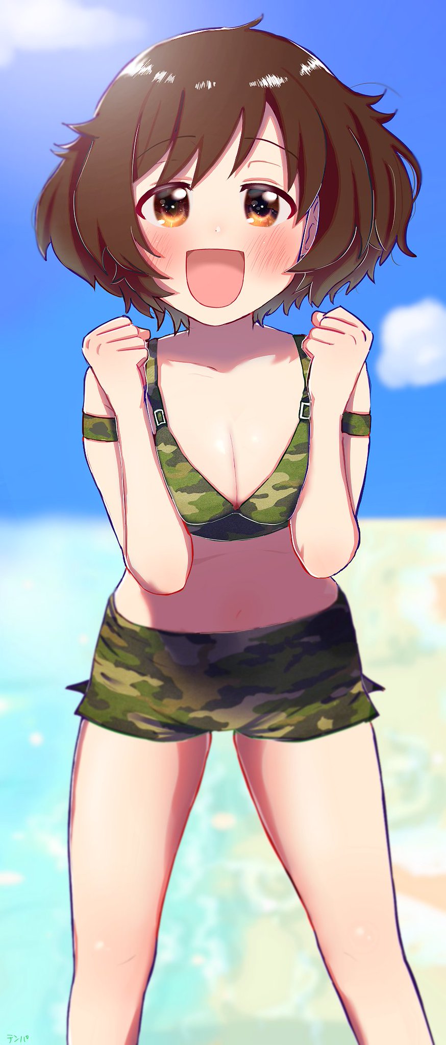 1girl :d akiyama_yukari arm_strap bangs beach bikini bikini_shorts blue_sky blurry blurry_background blush breasts brown_eyes brown_hair camouflage camouflage_bikini cleavage clenched_hands commentary_request day depth_of_field eyebrows_visible_through_hair girls_und_panzer green_bikini highres leaning_forward looking_at_viewer medium_breasts messy_hair navel open_mouth outdoors partial_commentary short_hair shorts sky smile solo standing swimsuit tenpa_(mayugezukan)