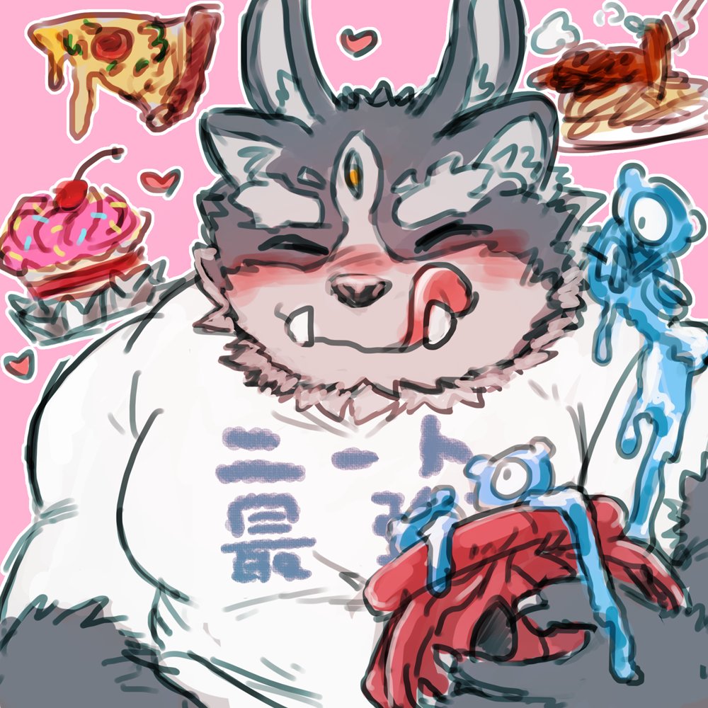 &lt;3 1:1 2021 anthro belly blue_body blush cake clothing dessert eyes_closed food goo_creature group hiryuuuuuuuuu kemono male overweight overweight_male pizza shirt tokyo_afterschool_summoners tongue tongue_out topwear tsathoggua video_games