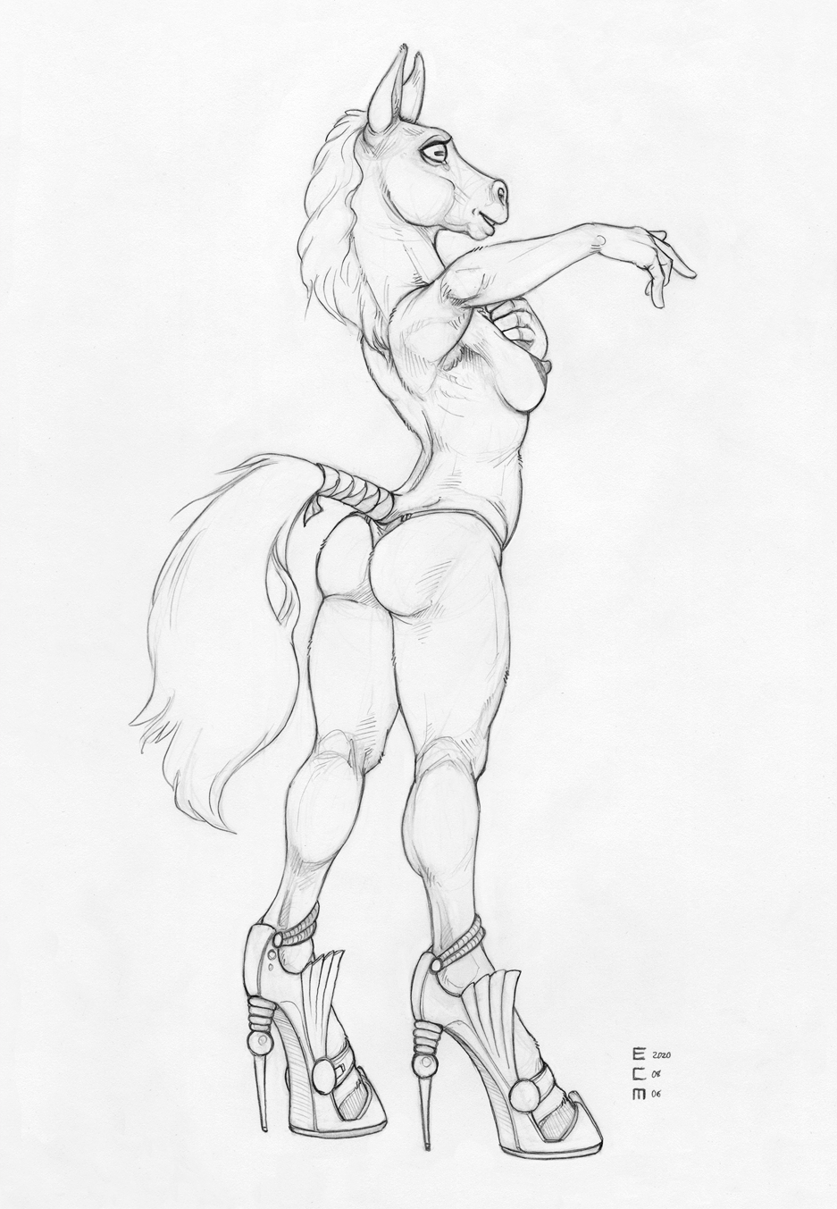 2020 anthro breasts butt clothed clothing ecmajor equid equine female footwear greyscale hi_res high_heels hooves horizontal_pupils horse mammal mane monochrome mostly_nude nipples panties pupils shoes sketch skimpy solo tail_wraps topless underwear wraps