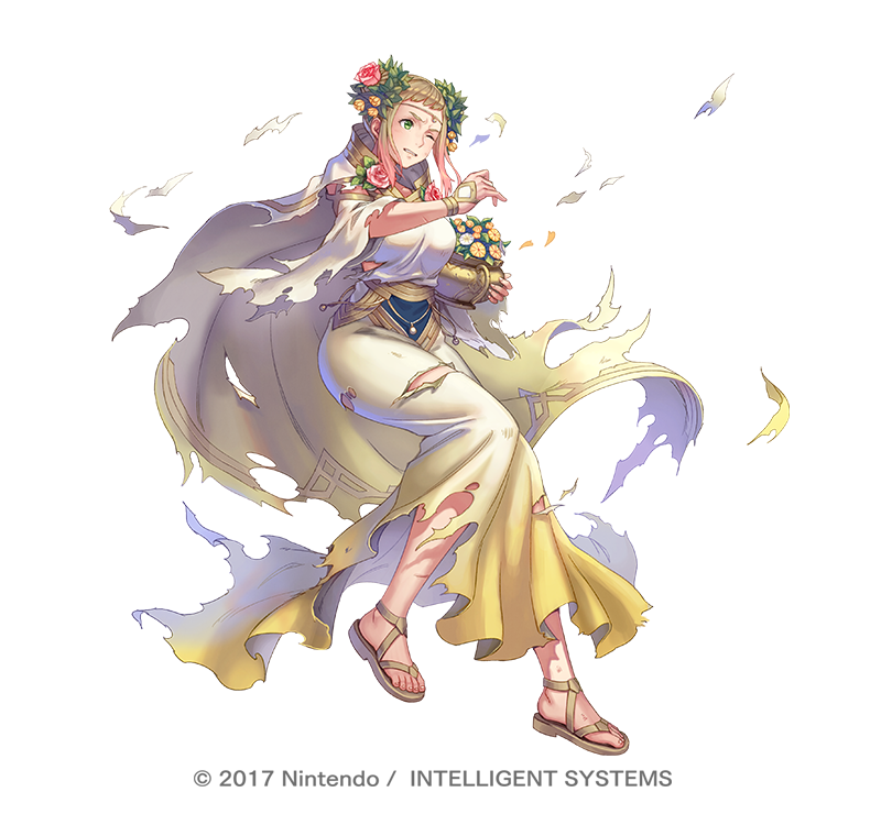 1girl alternate_costume alternate_hairstyle anbe_yoshirou arm_up armpits aura belt blonde_hair cape circlet collarbone commentary_request detached_sleeves dress fire_emblem fire_emblem_heroes flower full_body gold_belt gold_dress gold_trim gradient_dress gradient_hair green_eyes hair_flower hair_ornament henriette_(fire_emblem) holding injury jewelry knees_together_feet_apart long_dress looking_to_the_side multicolored multicolored_clothes multicolored_dress multicolored_hair one_eye_closed open_mouth pink_hair rose sandals sapphire_(gemstone) shadow simple_background solo taut_clothes taut_dress thighs torn_clothes torn_dress vase watermark white_background white_cape white_dress wide_sleeves