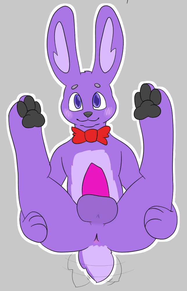 3_fingers 3_toes animal_genitalia anthro anus balls black_pawpads blush bonnie_(fnaf) bow_tie butt delta's_art dipstick_tail eyebrows feet fingers five_nights_at_freddy's genitals lagomorph leporid looking_at_viewer male mammal markings multicolored_tail neckwear pawpads paws penis pink_anus presenting presenting_hindquarters purple_eyes purple_markings rabbit shy simple_background solo tailwag toes video_games