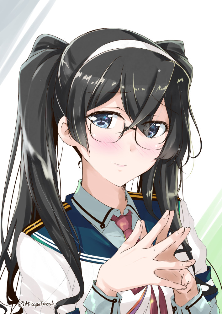 1girl alternate_hairstyle black_hair blue_eyes blue_sailor_collar blue_shirt blush closed_mouth collared_shirt eyebrows_visible_through_hair glasses hair_between_eyes kantai_collection long_hair long_sleeves mikage_takashi necktie ooyodo_(kantai_collection) red_neckwear sailor_collar school_uniform serafuku shirt solo twintails twitter_username upper_body