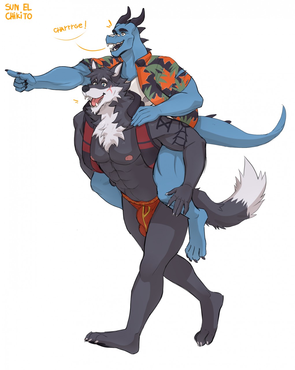 abs aloha_shirt anthro blue_body blue_eyes blue_scales bulge canid canine canis carrying chest_tuft claws clothing dragon draxius duo emanata feet fur gray_alister grey_body grey_fur grey_hair hair hi_res horn humanoid_feet male mammal nipples pattern_clothing pattern_shirt pattern_topwear piggyback pink_nipples red_clothing red_underwear roman_numeral scales scar shirt simple_background step_pose sunelchikito tattoo toe_claws topwear tuft underwear white_background white_body white_fur wolf