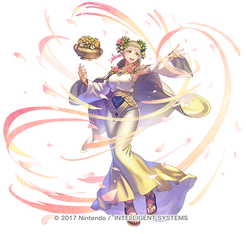 1girl alternate_costume alternate_hairstyle anbe_yoshirou arm_up armpits aura belt blonde_hair cape circlet collarbone commentary_request detached_sleeves dress energy fire_emblem fire_emblem_heroes floating floating_object flower full_body gold_belt gold_dress gold_trim gradient_dress gradient_hair green_eyes hair_flower hair_ornament henriette_(fire_emblem) jewelry knees_together_feet_apart long_dress looking_to_the_side multicolored multicolored_clothes multicolored_dress multicolored_hair open_mouth petals pink_hair rose sandals sapphire_(gemstone) shadow simple_background smile solo taut_clothes taut_dress vase watermark white_background white_cape white_dress wide_sleeves