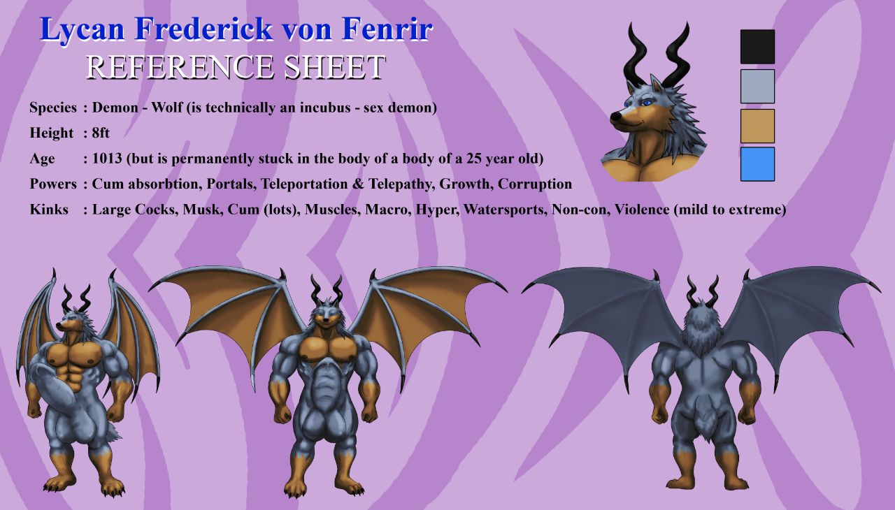 3/4_view anthro balls big_balls big_penis canid canine canis demon english_text facing_viewer genitals horn huge_balls huge_penis hyper hyper_balls hyper_genitalia hyper_penis lycan_frederick_von_fenrir male mammal model_sheet muscular muscular_anthro muscular_male penis rear_view reference_guide solo text whiteguardian wings wolf