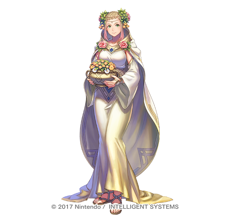 1girl alternate_costume alternate_hairstyle anbe_yoshirou blonde_hair cape circlet collarbone commentary_request detached_sleeves dress fire_emblem fire_emblem_heroes flower full_body gold_trim gradient_hair green_eyes hair_flower hair_ornament henriette_(fire_emblem) holding jewelry long_dress looking_at_viewer multicolored_hair pink_hair rose sandals sapphire_(gemstone) shadow simple_background smile solo taut_clothes taut_dress vase watermark white_background white_cape white_dress wide_sleeves