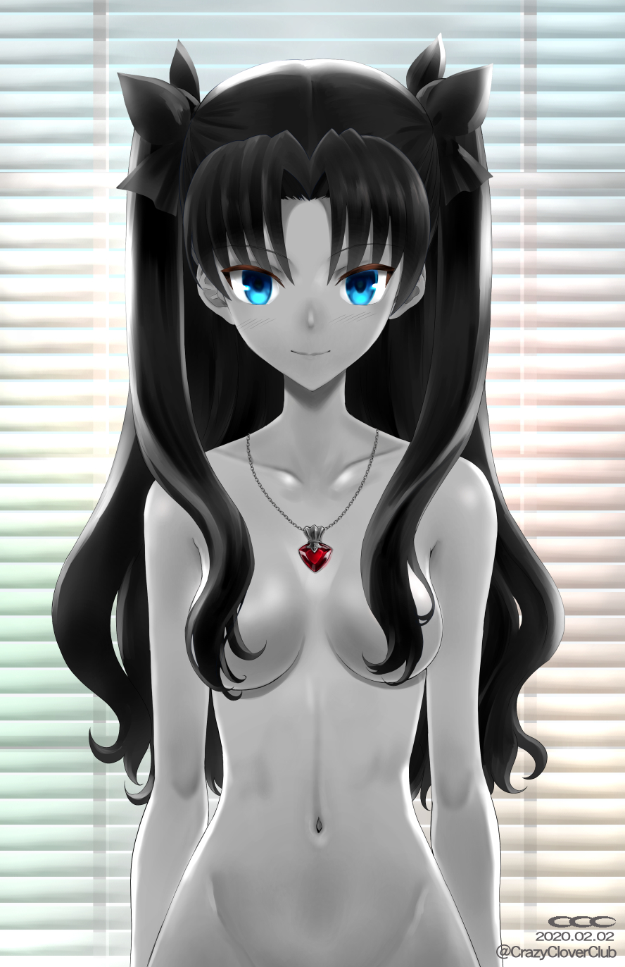 1girl black_hair black_ribbon blue_eyes blush breasts dated fate/stay_night fate_(series) hair_over_breasts hair_ribbon highres jewelry long_hair looking_at_viewer nude pendant ribbon shirotsumekusa solo standing tohsaka_rin twintails