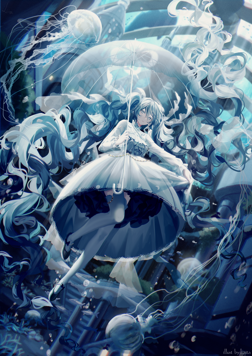 1girl absurdly_long_hair air_bubble alternate_costume artist_name bangs black_footwear blue_eyes blue_hair breasts bubble day dress expressionless fish from_below hair_between_eyes halter_dress halterneck hatsune_miku high_collar highres holding holding_umbrella jellyfish long_hair long_sleeves looking_at_viewer ocean_bottom outstretched_arm pale_skin shoe_ribbon sidelocks solo thighhighs transparent transparent_umbrella twintails umbrella underwater underwater_city very_long_hair vocaloid white_legwear yamiluna39