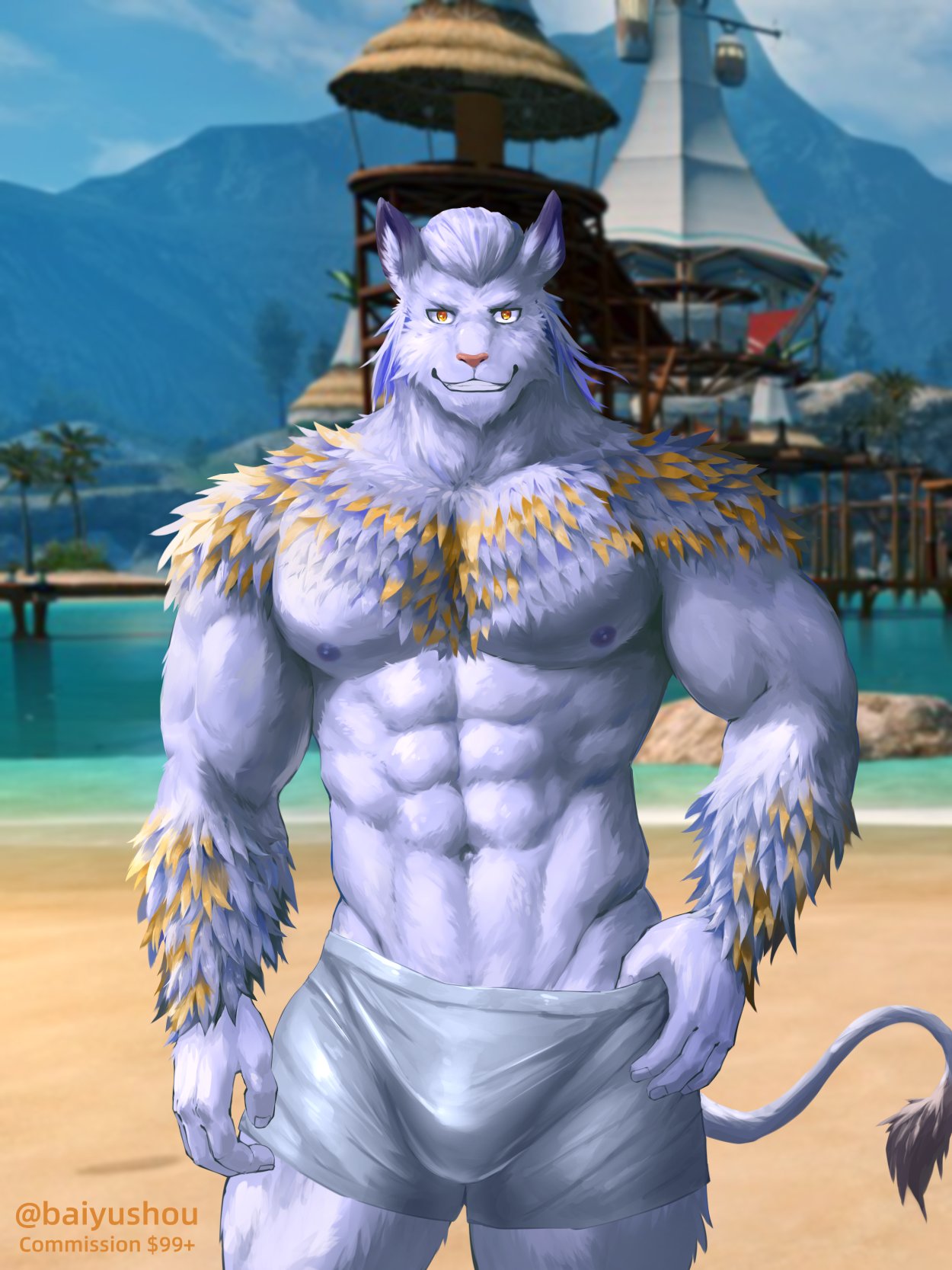 2020 abs anthro baiyushou beach biceps blue_body blue_fur blue_hair bulge chest_fur clothed clothing detailed_background felid final_fantasy final_fantasy_xiv front_view fur hair hi_res hrothgar looking_at_viewer male mammal muscular muscular_anthro muscular_male nipples open_mouth orange_eyes orange_stripes pecs pinup portrait pose quads sand seaside smile solo square_enix stripes swimwear teeth three-quarter_portrait triceps video_games water