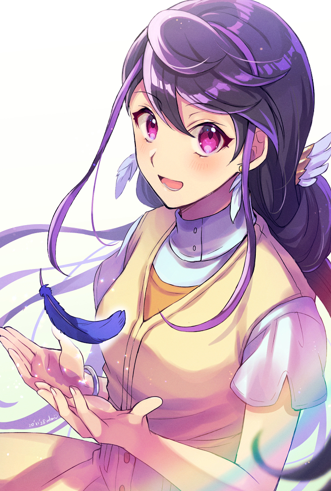 1girl :d black_hair blue_feathers blush dated dress earrings eyebrows_visible_through_hair floating_hair hair_between_eyes jewelry kurosaki_ruri long_hair mikami_(mkm0v0) multicolored_hair open_mouth pinafore_dress purple_hair red_eyes short_sleeves simple_background sleeveless sleeveless_dress smile solo two-tone_hair very_long_hair white_background yellow_dress yu-gi-oh! yu-gi-oh!_arc-v