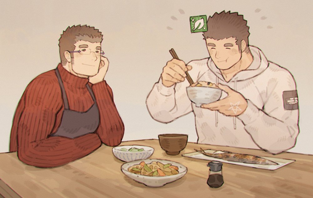 2boys alternate_costume apron bara black_hair blue_apron brown_hair chataro1412 cheek_bulge chopsticks contemporary couple eating glasses hood hoodie male_focus master_3_(tokyo_houkago_summoners) multiple_boys pectorals red_sweater rimless_eyewear shiro_(tokyo_houkago_summoners) short_hair smile sweater thick_eyebrows tokyo_houkago_summoners toned toned_male upper_body white_hoodie wooden_table yaoi