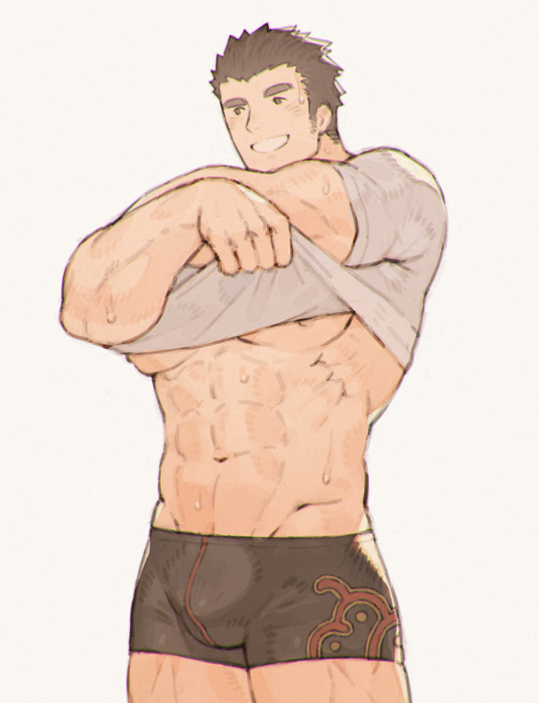 1boy abs alternate_costume bara bare_pecs black_male_underwear blush boxer_briefs brown_hair bulge chataro1412 cowboy_shot lifted_by_self looking_to_the_side male_focus male_underwear master_3_(tokyo_houkago_summoners) muscular muscular_male navel nipples pectorals shirt shirt_lift short_hair solo stomach sweat thick_eyebrows thick_thighs thighs tokyo_houkago_summoners underwear undressing white_shirt