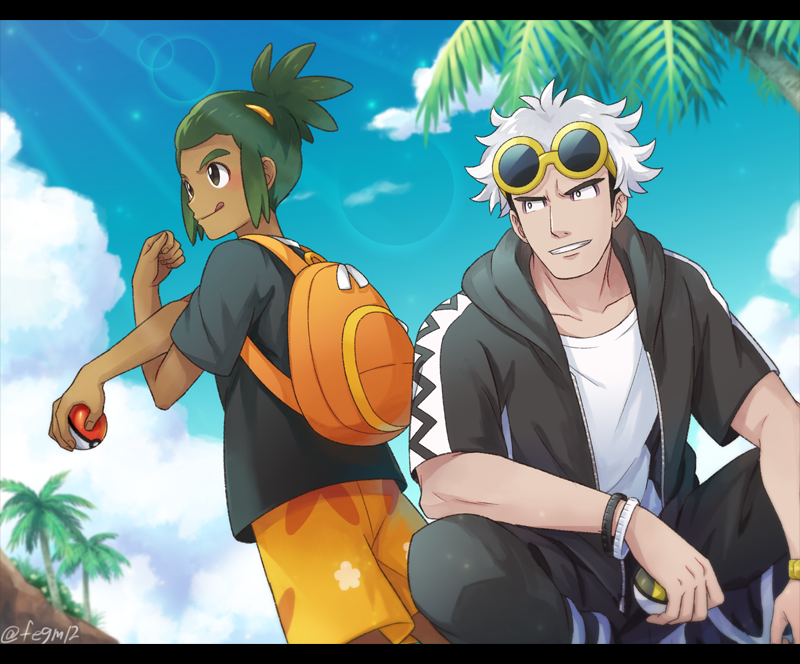 2boys :q backpack bag black_shirt bracelet cloud commentary_request dark_skin dark_skinned_male day green_hair guzma_(pokemon) hair_ornament hau_(pokemon) holding holding_poke_ball hood hoodie jewelry lens_flare male_focus multiple_boys open_clothes open_hoodie orange_bag orange_shorts outdoors palm_tree parted_lips poke_ball poke_ball_(basic) pokemon pokemon_(game) pokemon_sm sewenan shirt short_sleeves shorts sky smile standing stretch tongue tongue_out tree