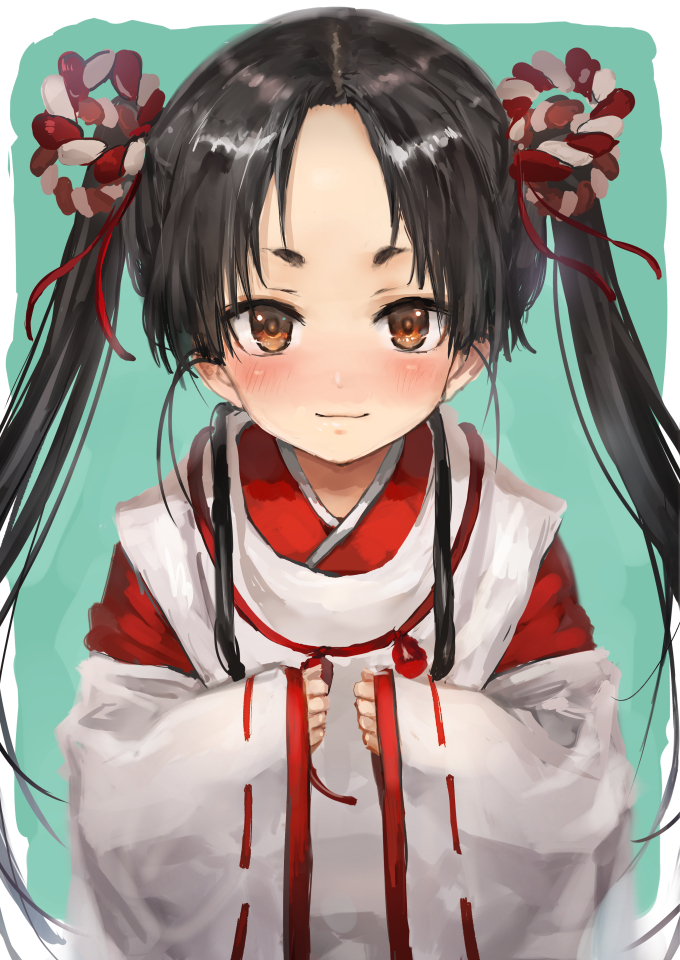 1girl alternate_hairstyle black_hair brown_eyes japanese_clothes kantai_collection kariginu long_hair looking_at_viewer miko nisshin_(kantai_collection) ribbon-trimmed_sleeves ribbon_trim short_eyebrows simple_background smile solo thick_eyebrows toka_(marchlizard) twintails twintails_day two-tone_background upper_body wide_sleeves