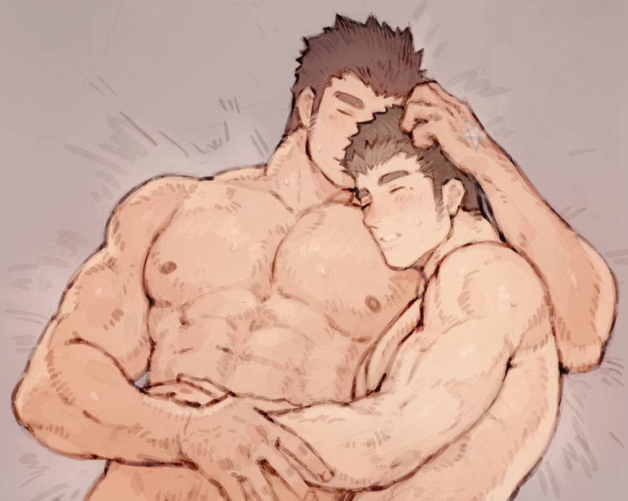 2boys abs after_sex arm_grab bara black_hair blush brown_hair chataro1412 completely_nude couple glasses hand_on_another's_head head_kiss hug lying male_focus master_3_(tokyo_houkago_summoners) multiple_boys muscular muscular_male nipples nude on_back on_bed on_side pectoral_pillow pectorals rimless_eyewear shiro_(tokyo_houkago_summoners) short_hair sidepec sleeping sleeping_on_person thick_eyebrows tokyo_houkago_summoners yaoi