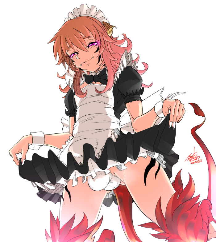 2020 bow_tie bulge clothed clothing clothing_lift crossdressing demon dress dress_lift fangs girly horn humanoid maid_headdress maid_uniform male panties pink_eyes shirt_cuffs simple_background solo underwear uniform white_background zippedsquire