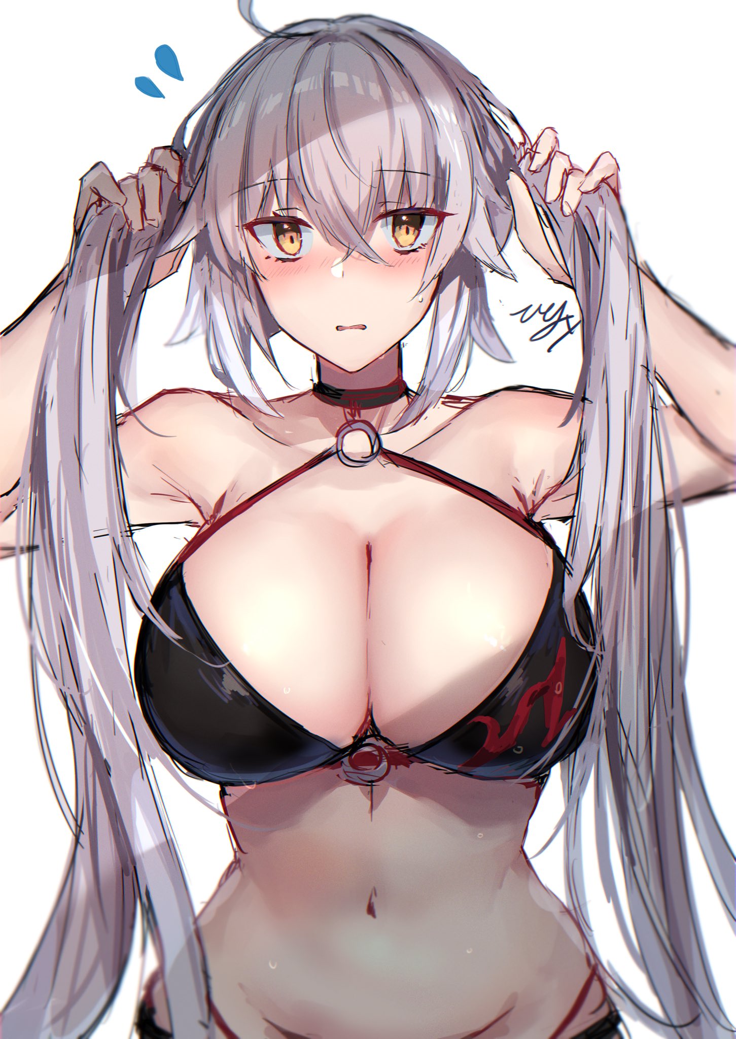 1girl adjusting_hair bikini black_bikini black_choker breasts choker cleavage eyebrows_visible_through_hair fate/grand_order fate_(series) grey_hair highres hitomin_(ksws7544) jeanne_d'arc_(alter)_(fate) jeanne_d'arc_(alter_swimsuit_berserker) jeanne_d'arc_(fate)_(all) large_breasts long_hair looking_at_viewer o-ring o-ring_bikini standing sweatdrop swimsuit twintails watermark white_background yellow_eyes