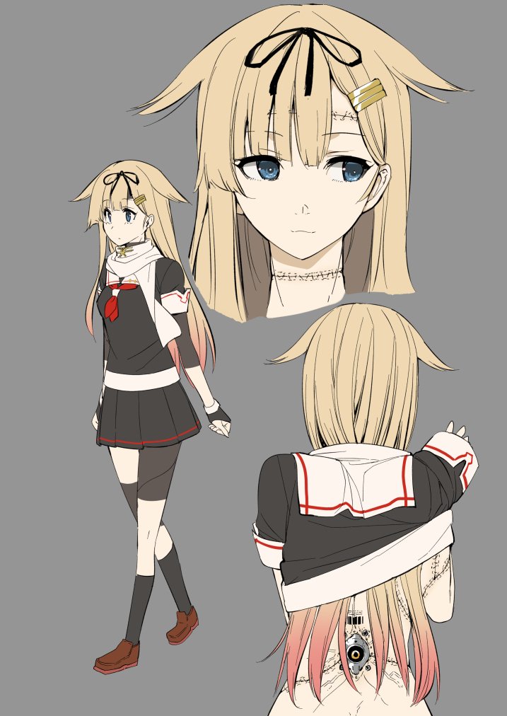 1girl alternate_eye_color bangs black_legwear blonde_hair blue_eyes brown_footwear grey_background hair_flaps hair_ornament hair_ribbon hairclip ifuji_shinsen kantai_collection kneehighs lifted_by_self long_hair mechanical_parts multiple_views neckerchief red_neckwear remodel_(kantai_collection) ribbon sailor_collar scarf school_uniform serafuku shirt_lift short_sleeves simple_background stitched_arm stitched_face stitched_neck stitches textless white_scarf yuudachi_(kantai_collection)