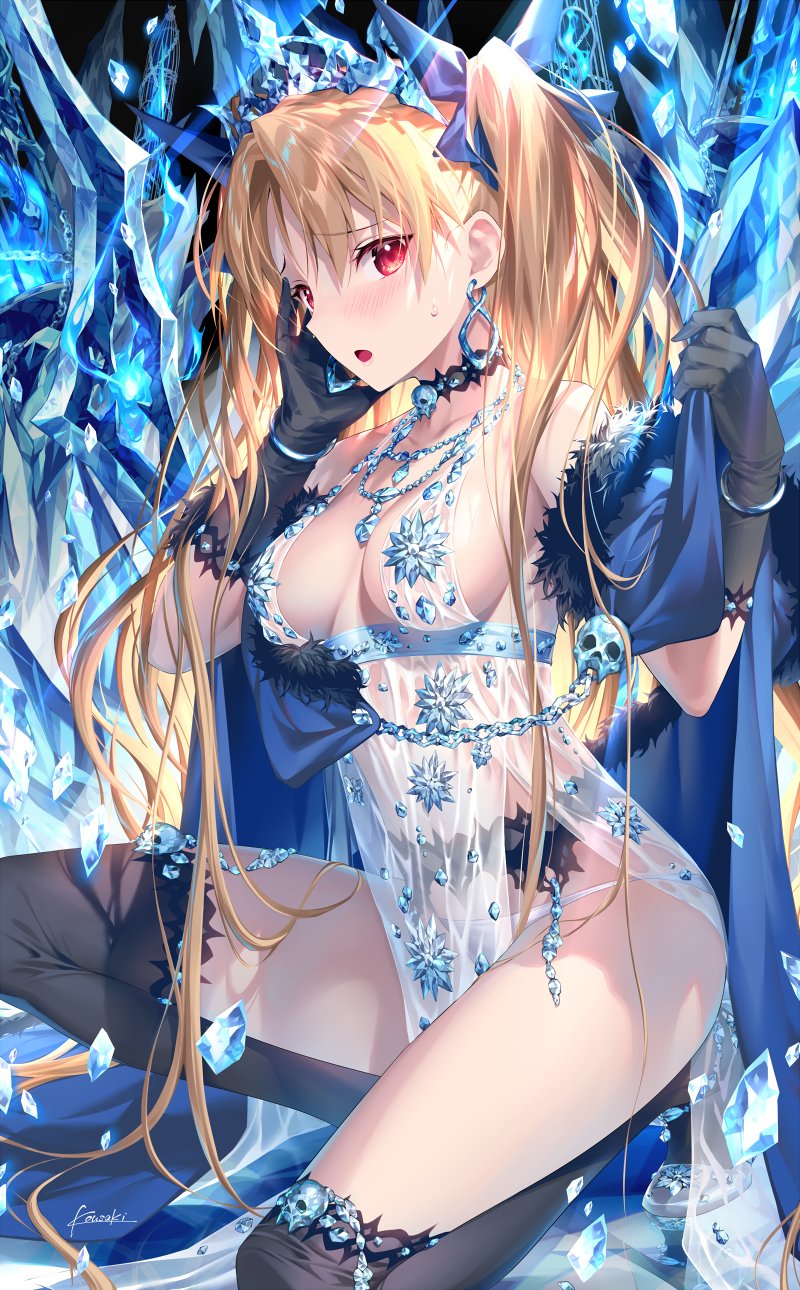 1girl artoria_pendragon_(all) artoria_pendragon_(lancer_alter) artoria_pendragon_(lancer_alter)_(cosplay) babydoll bangs black_gloves blonde_hair blue_babydoll blush breasts cape cape_removed choker cleavage cosplay earrings ereshkigal_(fate) fate/grand_order fate_(series) fur-trimmed_cape fur_trim garter_belt gloves hair_ribbon highres hoop_earrings jewelry kousaki_rui lingerie long_hair looking_at_viewer medium_breasts necklace open_mouth panties parted_bangs red_eyes ribbon royal_icing skull snowflake_print thighhighs tiara two_side_up underwear white_panties