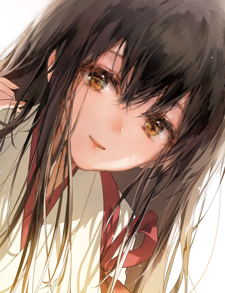 1girl 888myrrh888 akagi_(kantai_collection) brown_eyes brown_hair closed_mouth hair_between_eyes japanese_clothes kantai_collection lips long_hair portrait simple_background smile solo tasuki white_background