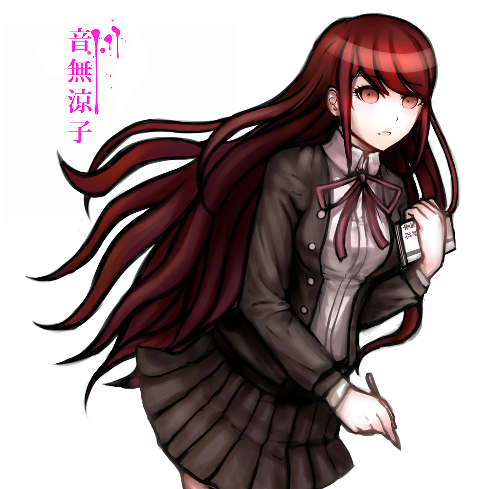 1girl bangs black_jacket cowboy_shot danganronpa/zero danganronpa_(series) eyebrows_visible_through_hair gradient gradient_background grey_background hand_up holding jacket katorius komatsuzaki_rui_(style) leaning leaning_forward long_hair long_sleeves looking_at_viewer neck_ribbon necktie official_style open_clothes open_jacket otonashi_ryouko pink_blood pleated_skirt red_eyes red_hair red_ribbon ribbon school_uniform shirt simple_background skirt solo teeth translation_request white_shirt