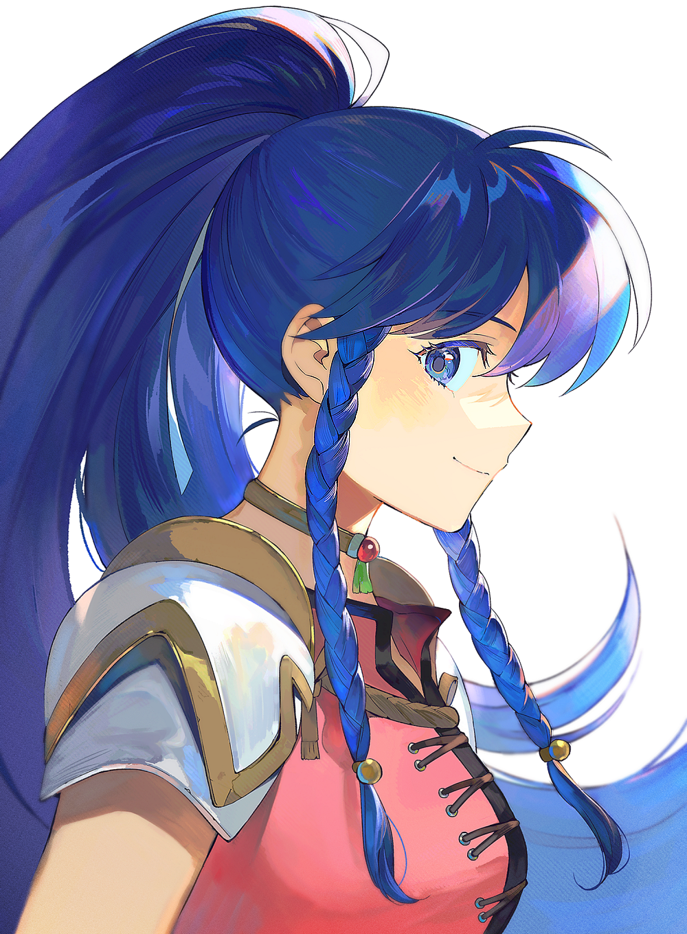 1girl armor blue_eyes blue_hair braid choker commentary_request eyebrows_visible_through_hair fire_emblem fire_emblem:_the_sacred_stones highres kyufe long_hair pauldrons ponytail shoulder_armor sidelocks simple_background solo tana_(fire_emblem) white_background