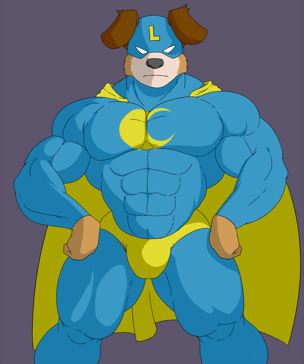 2017 abs anthro big_muscles big_pecs black_nose brown_body brown_fur bulge canid canine canis cape clothing colored costume crescent_moon domestic_dog frown fur geng glare hands_on_hips hi_res legwear lycandog_(geng) male mammal moon muscular muscular_arms muscular_thighs pecs serious shaded simple_background skin_tight_suit solo superhero thick_neck thick_thighs tight_clothing tight_fit tights