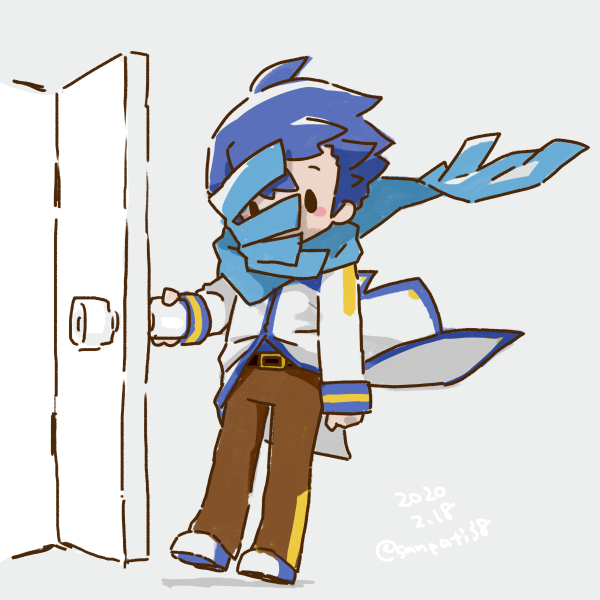 1boy belt black_eyes blue_hair blue_scarf blush_stickers brown_pants chibi coat dated door doorknob doorway grey_background kaito male_focus opening_door pants sangatsu_youka scarf scarf_over_mouth solid_oval_eyes solo twitter_username vocaloid white_coat wind