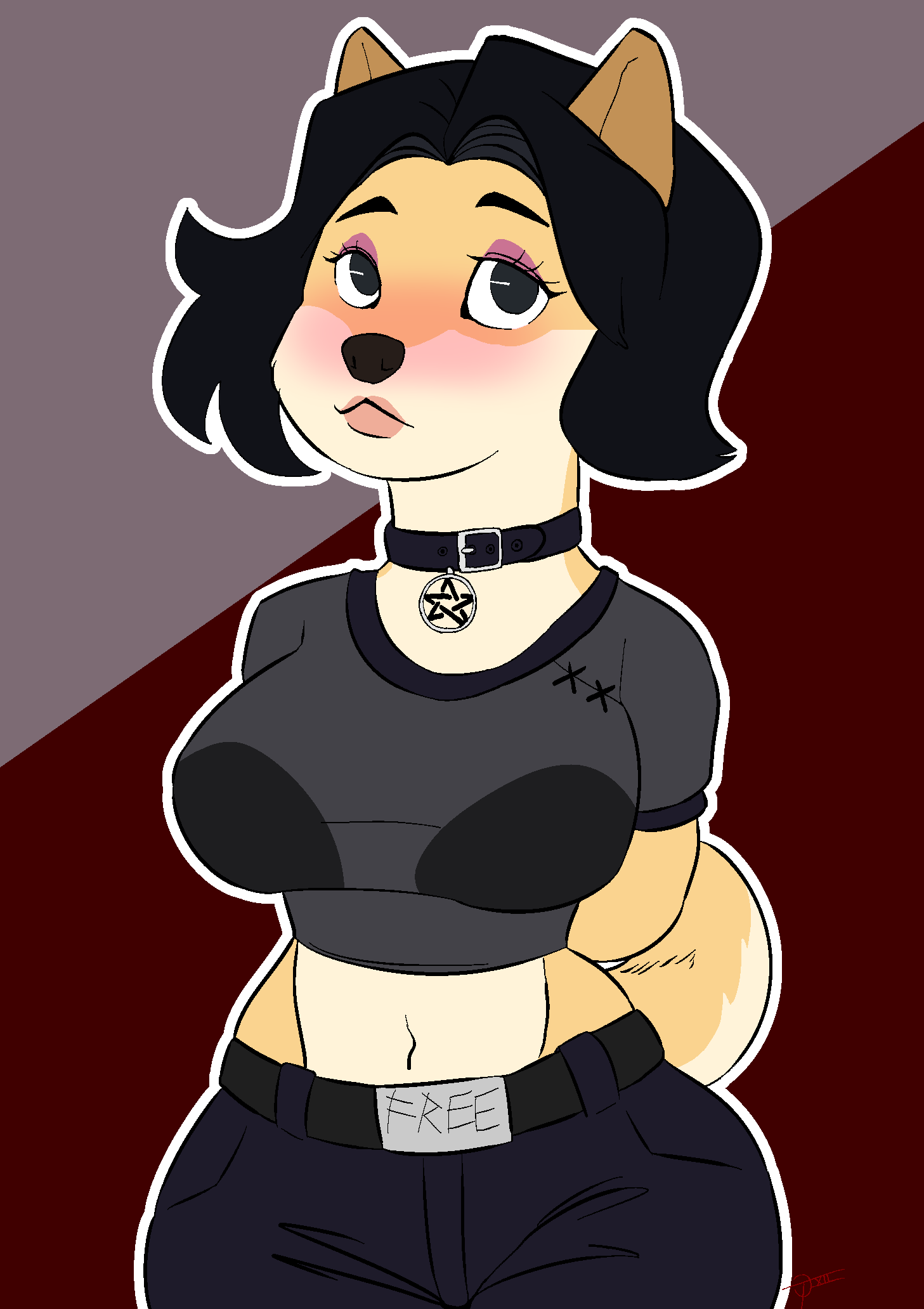 2020 anthro big_breasts blush breasts canid canine canis clothed clothing collar doge dogelore domestic_dog doomer_(meme) eyeshadow female hair hi_res lips makeup mammal meme pattern_background shiba_inu simple_background solo spitz tagme toonarscontent