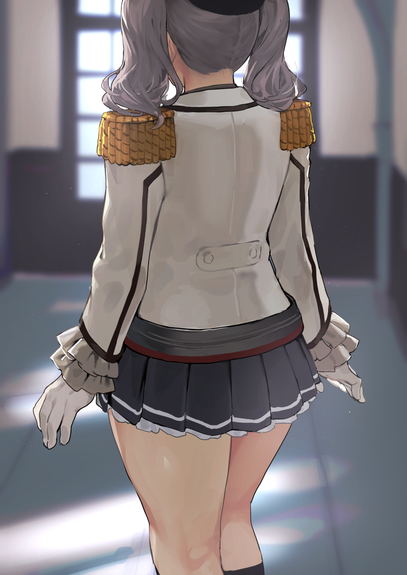 1girl ass back beret black_skirt epaulettes gloves hat ikuchan_kaoru jacket kantai_collection kashima_(kantai_collection) long_hair long_sleeves military_jacket silver_hair skirt thighs twintails wavy_hair white_gloves white_jacket