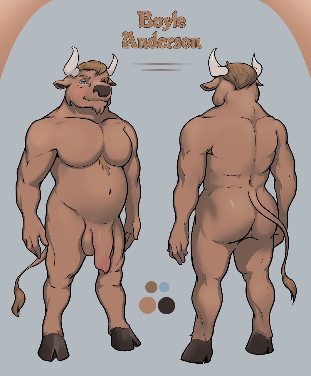 2020 anthro belly big_penis black_nose blue_background blue_eyes bovid bovine boyle_(cade_avalon) brown_background brown_body brown_hair brown_skin butt english_text facial_hair flaccid foreskin genitals goatee hair hi_res hooves horn looking_at_viewer male mammal model_sheet muscular muscular_anthro muscular_male navel nude penis pimpartist simple_background slightly_chubby solo standing text traditional_media_(artwork)