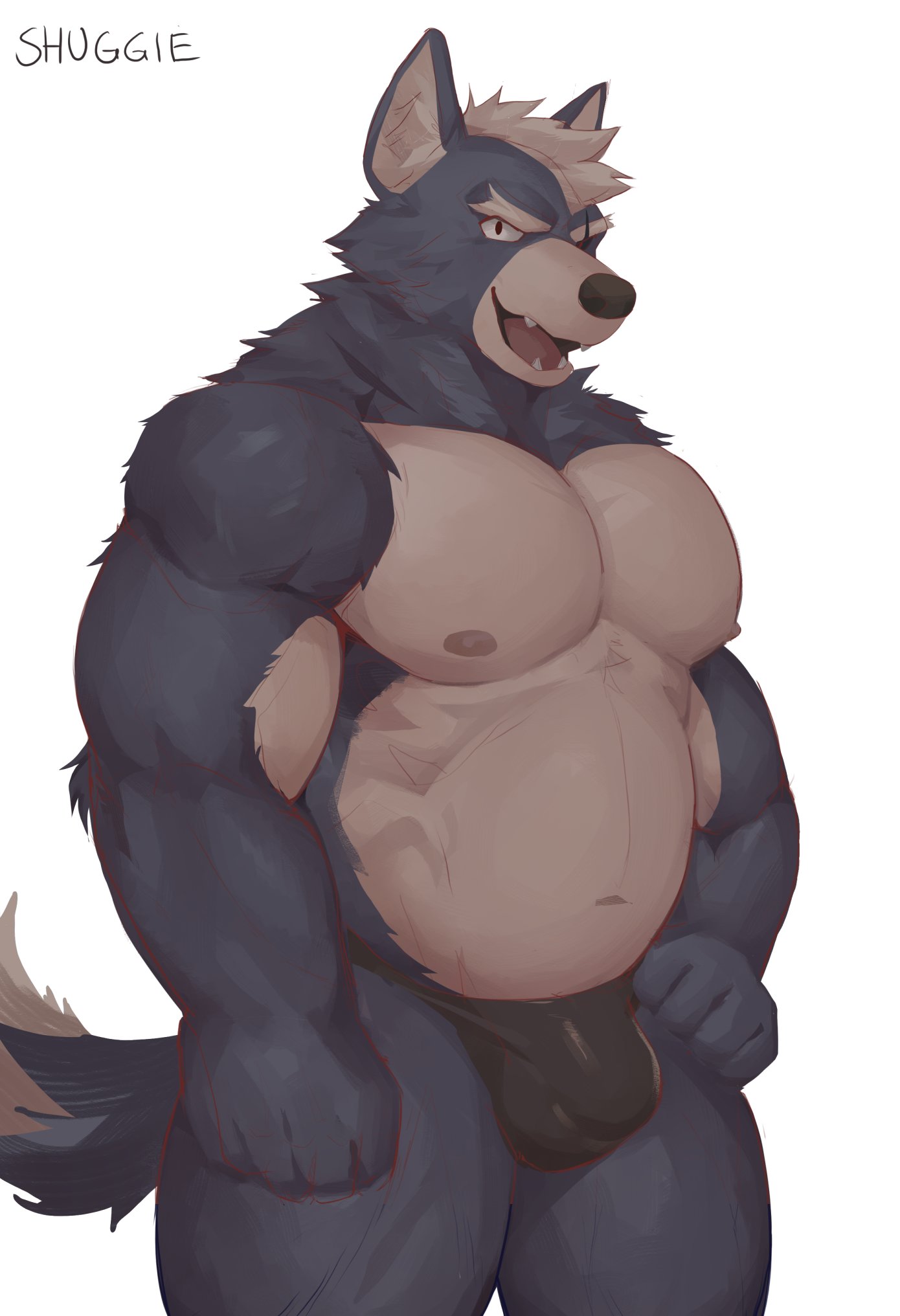 anthro black_clothing black_underwear bulge canid canine canis clothed clothing eye_scar facial_scar fangs fur grey_body grey_fur hi_res looking_at_viewer male mammal muscular muscular_anthro muscular_male nintendo nipples open_mouth pecs scar shugggie simple_background solo star_fox topless underwear video_games white_background white_body white_fur wolf wolf_o'donnell