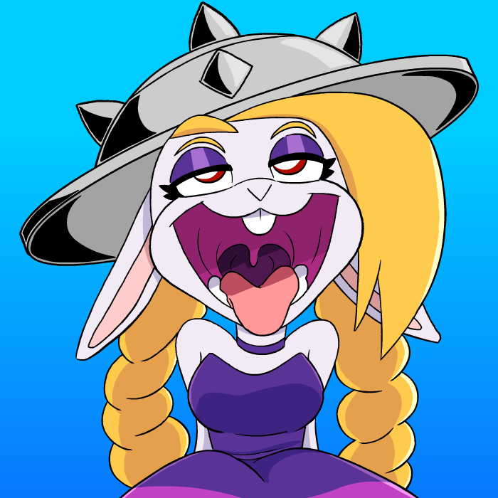 1:1 2019 anthro blonde_hair blue_background broodal clothing dress eyeshadow female gaping_mouth hair hariet_(mario) hat headgear headwear lagomorph leporid makeup mammal mario_bros nintendo open_mouth pigtails purple_eyeshadow rabbit red_eyes rookiex simple_background solo super_mario_odyssey tongue tongue_out uvula video_games