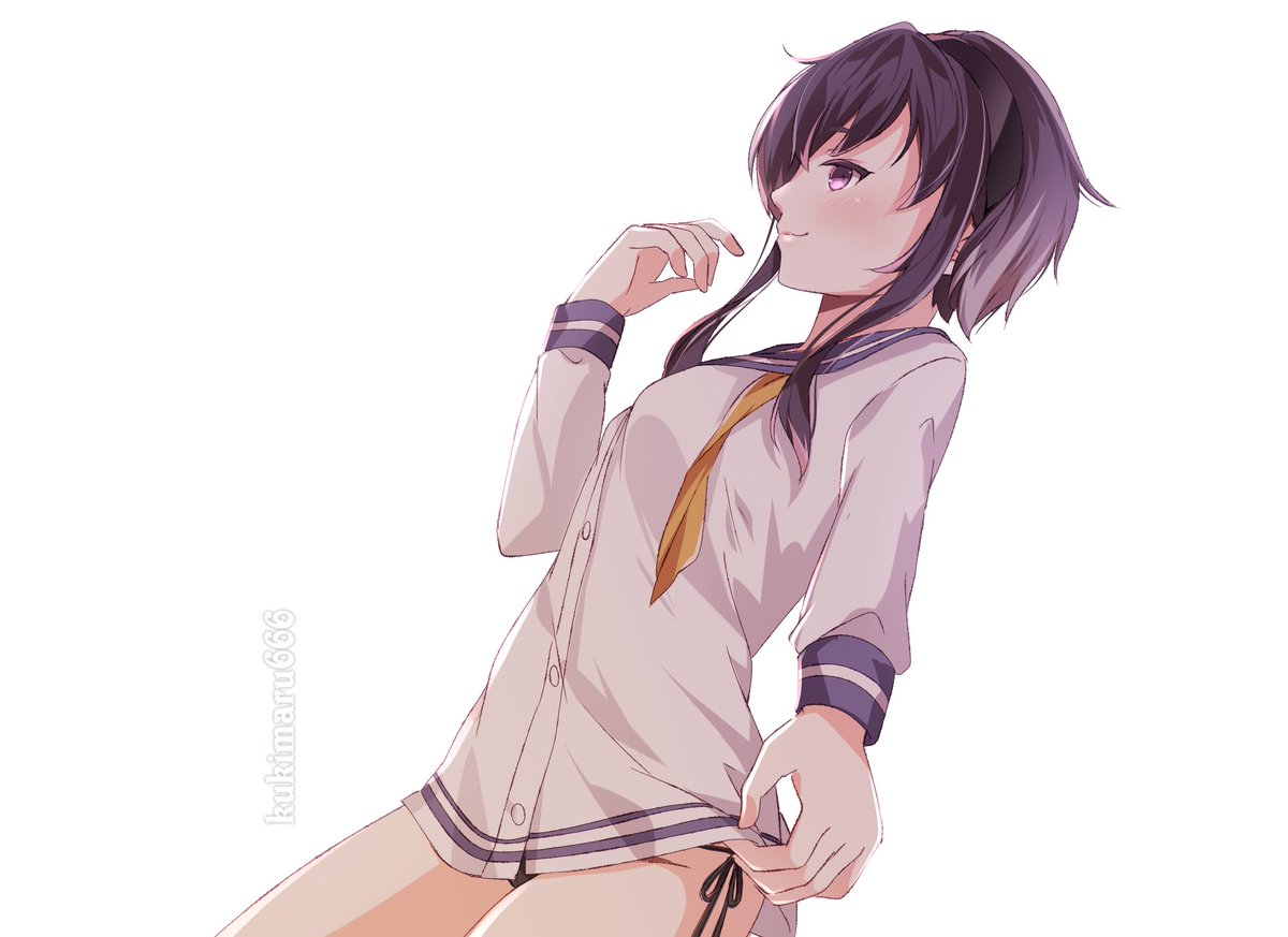 1girl alternate_underwear bare_legs black_hair black_panties blush breasts eyebrows_behind_hair gradient_hair grey_hair hair_between_eyes kantai_collection kukimaru lips long_sleeves looking_at_another multicolored_hair no_legwear panties purple_eyes shirt short_hair short_hair_with_long_locks side-tie_panties sidelocks simple_background small_breasts solo striped striped_panties tokitsukaze_(kantai_collection) twitter_username underwear white_background white_shirt yellow_neckwear