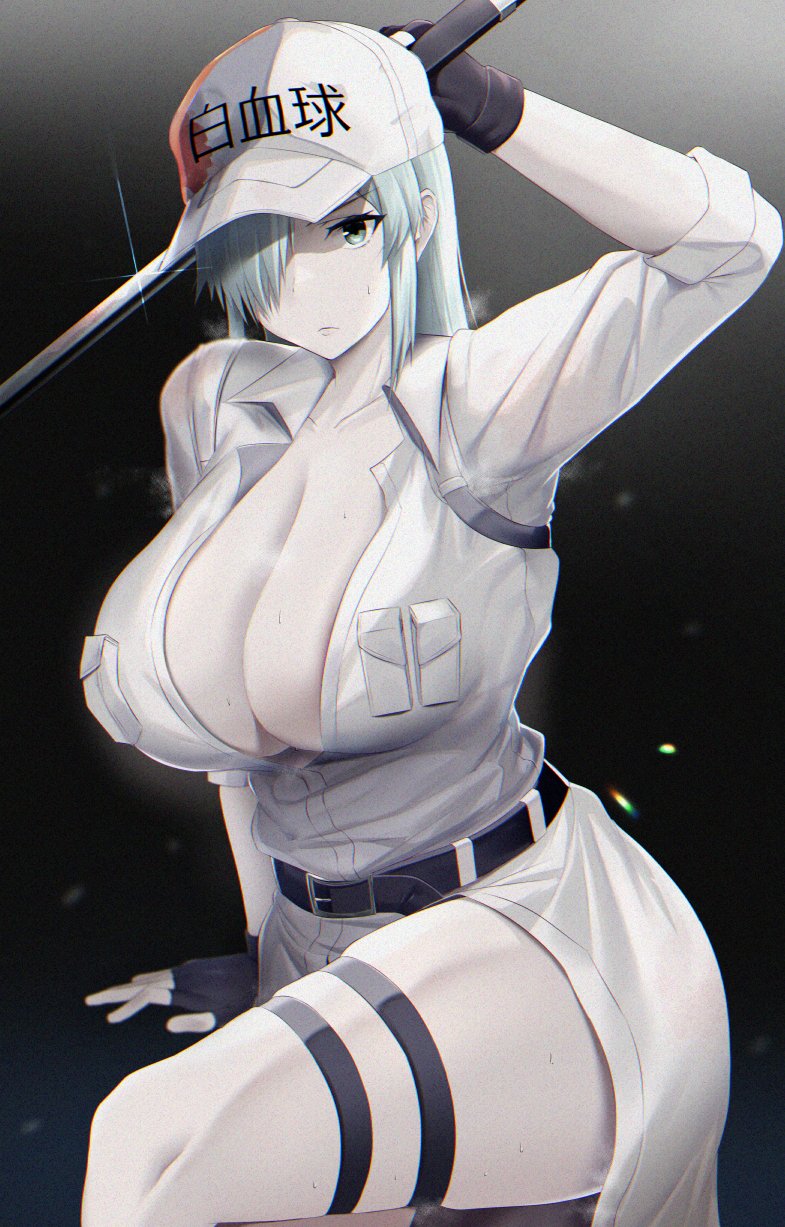1girl arm_behind_head arm_up bangs baseball_cap belt black_gloves breasts cleavage covered_eyes fingerless_gloves gloves grey_eyes hat hataraku_saibou hataraku_saibou_black highres holding holding_weapon large_breasts leg_belt legs looking_at_viewer open_clothes open_shirt shirt simple_background tsukunendo u-1196 weapon white_blood_cell_(hataraku_saibou) white_hair white_shirt