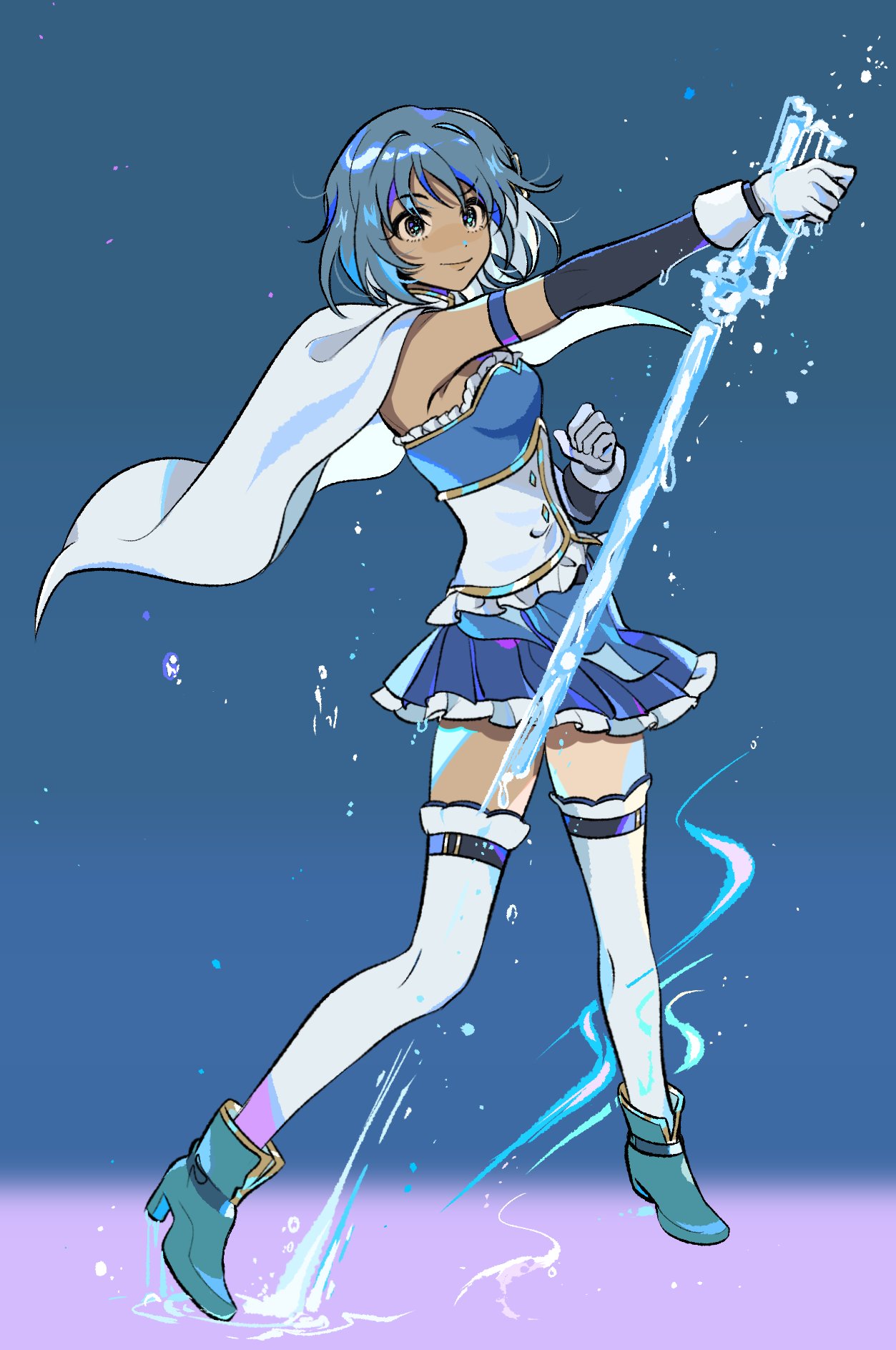 1girl ankle_boots aqua_footwear arm_up belt blue_background blue_hair blue_skirt blue_theme boots breasts buttons cape clenched_hand closed_mouth contrapposto dot_nose eyebrows_visible_through_hair eyelashes fighting_stance frills full_body gloves halang_rubsas2 highres holding holding_sword holding_weapon looking_at_viewer mahou_shoujo_madoka_magica miki_sayaka pleated_skirt ripples shiny shiny_hair short_hair sideboob simple_background skirt small_breasts smile solo standing strapless sword thighhighs water water_drop weapon wet wet_gloves white_cape white_gloves white_legwear zettai_ryouiki