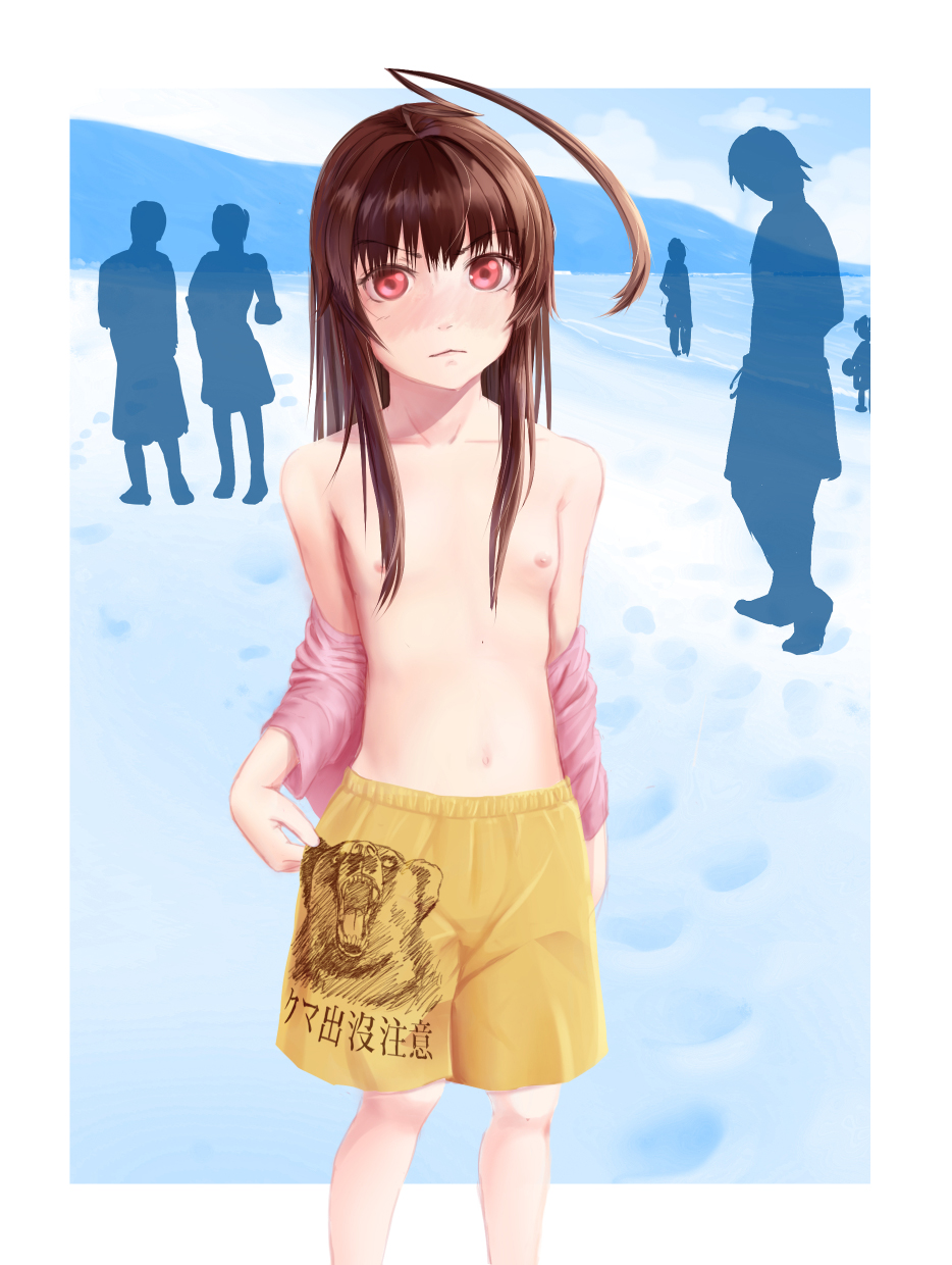 1girl :&lt; ahoge animal_print bangs beach bear_print breasts brown_hair canoka cloud collarbone commentary exhibitionism footprints furrowed_eyebrows highres jacket kantai_collection kuma_(kantai_collection) light_blush long_hair male_swimwear male_swimwear_challenge monochrome_background ocean off_shoulder outside_border pink_jacket red_eyes shorts silhouette sky small_breasts solo_focus swim_trunks swimwear topless translated walking yellow_shorts