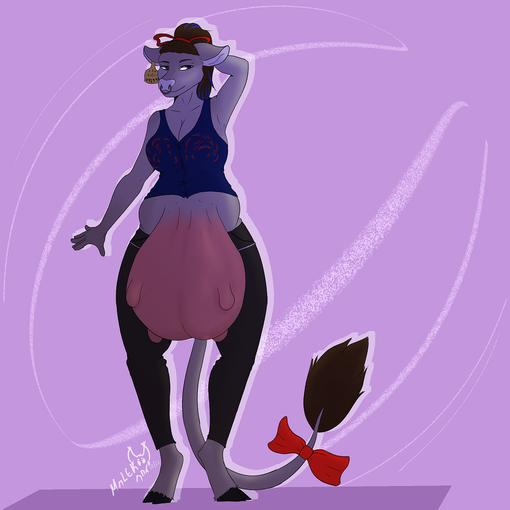 1:1 anthro big_breasts big_udders black_clothing bovid bovine breasts cattle clothed clothing digital_drawing_(artwork) digital_media_(artwork) equid equine female fingers front_view full-length_portrait fur grey_body grey_fur hair hooves long_hair long_tail malekart mammal necktie portrait red_necktie shaded simple_background simple_shading smile solo standing teats topwear udders