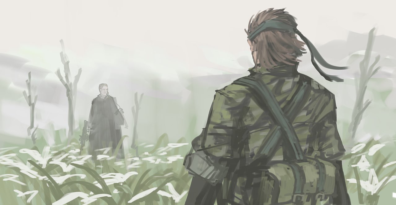 1boy 1girl bandana bare_tree blonde_hair brown_hair camouflage cloak field flower flower_field from_behind gun headband holding holding_gun holding_weapon metal_gear_(series) metal_gear_solid_3 naked_snake perfect_sushi_rice rifle short_hair sleeves_rolled_up the_boss tree weapon white_flower