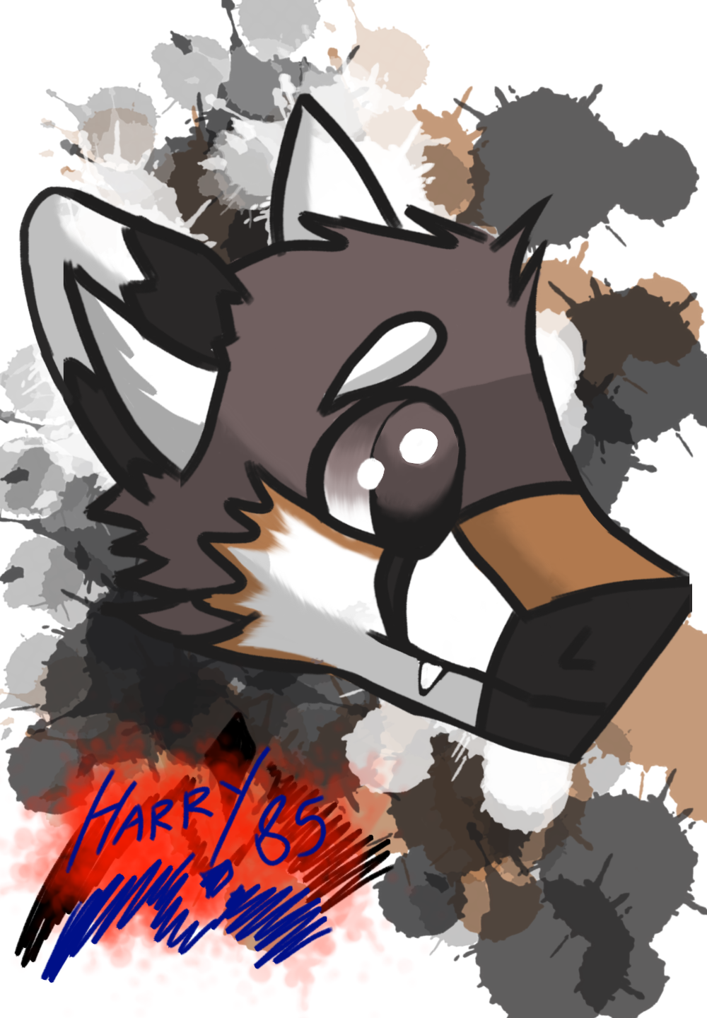 fangs fur fur_black fur_white glistening glistening_eyes grey_body grey_fur harry_85 hi_res male rikkun sergal simple_background simple_coloring solo thanshuhai_(character)