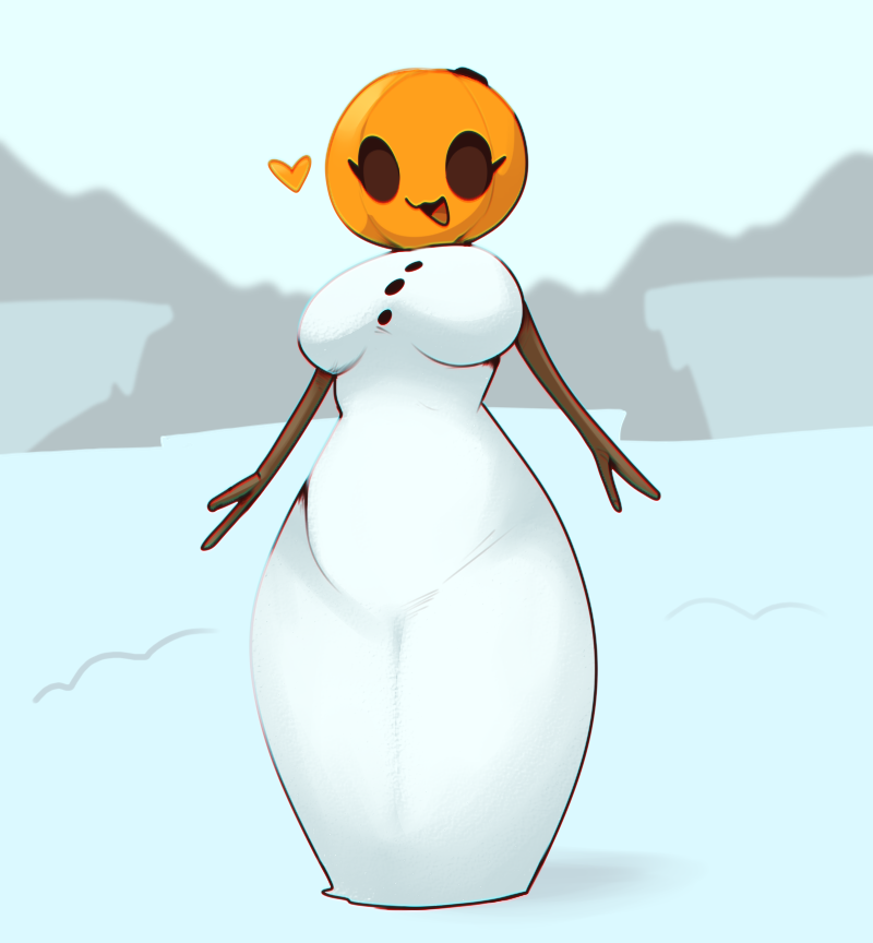 &lt;3 anthro big_breasts breasts corromon curvy_figure eyelashes female food fruit humanoid looking_at_viewer open_mouth outside plant pumpkin pumpkin_head smile snow snowman standing stick_arms thick_thighs white_body